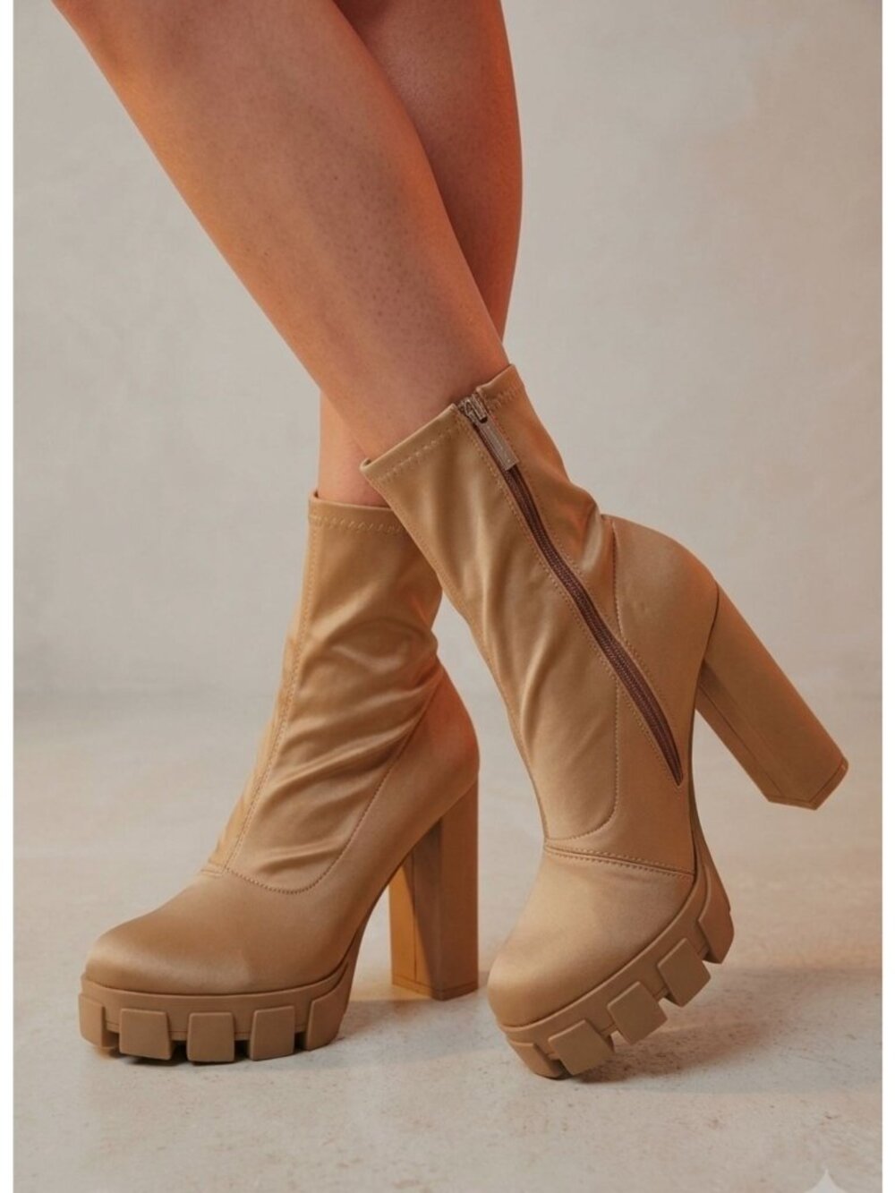 Chunky Heel Platform Ankle Boots With Side Zipper In Beige Satin Material For Wo